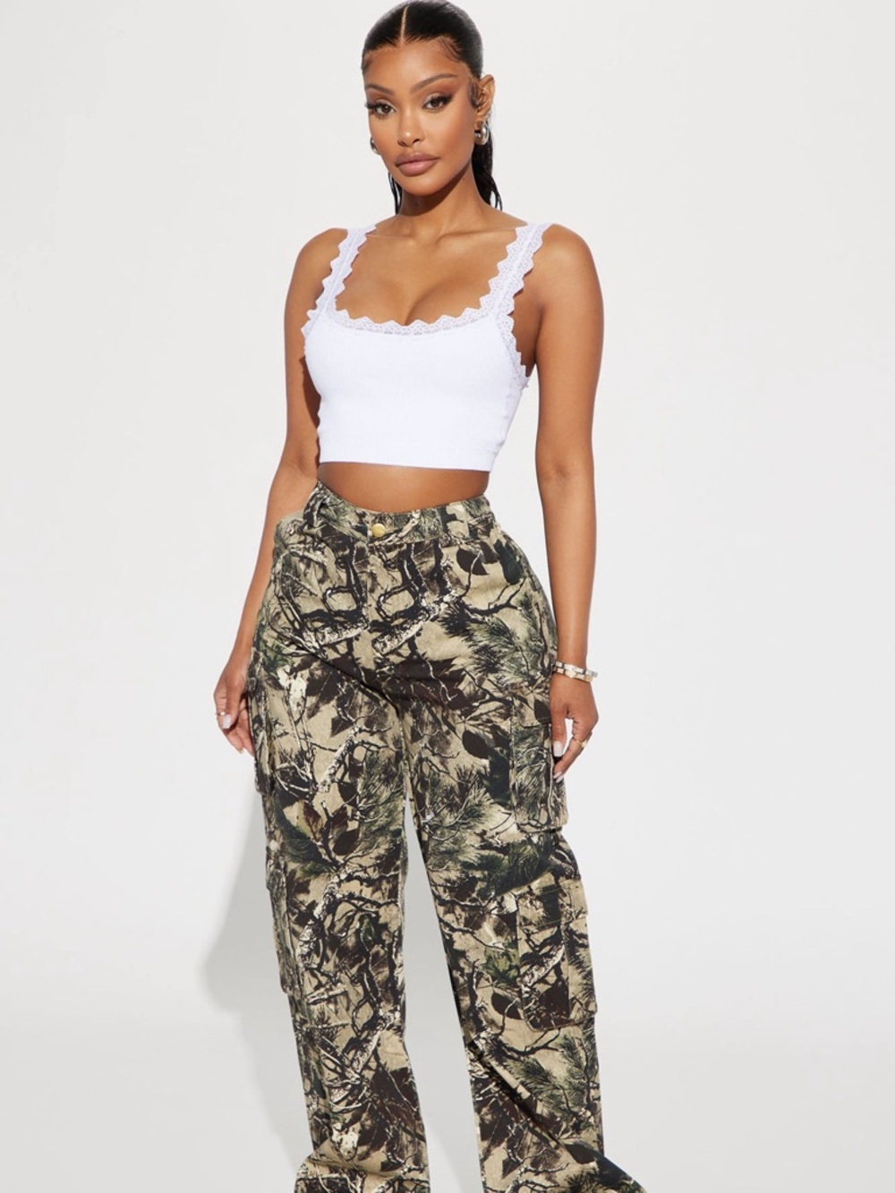 Fashion Nova Olive Camo Wide-Leg Cargo Pants